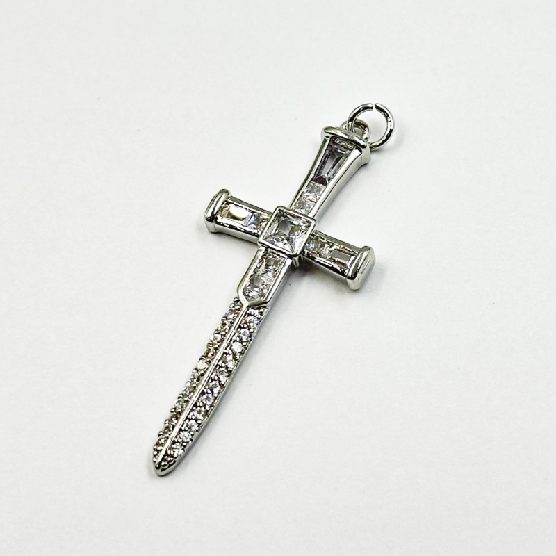 Подвеска Крестик с фианитами цвет серебро 13*38мм